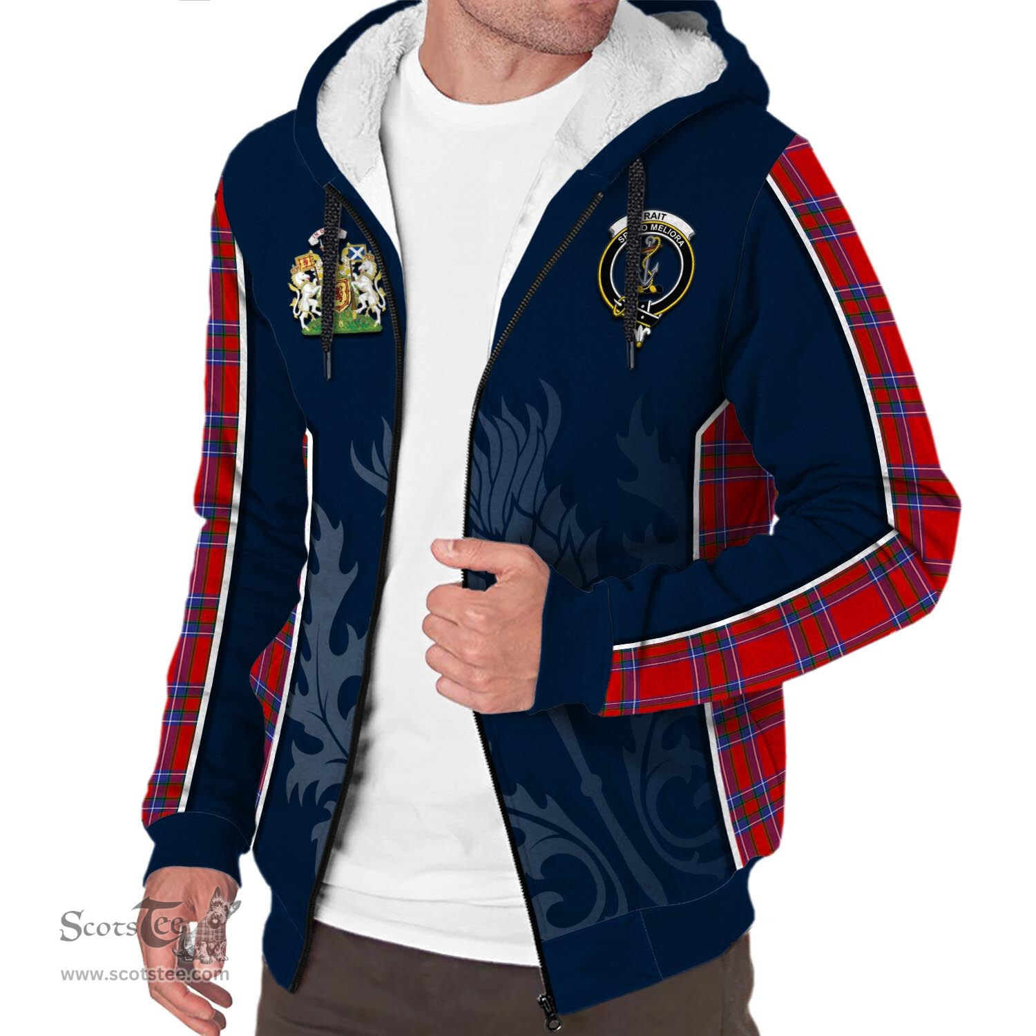 ScotsTee Shop Scottish Rait Clan Scottish Crest and Scottish Thistle Sport Tartan Sherpa Hoodie