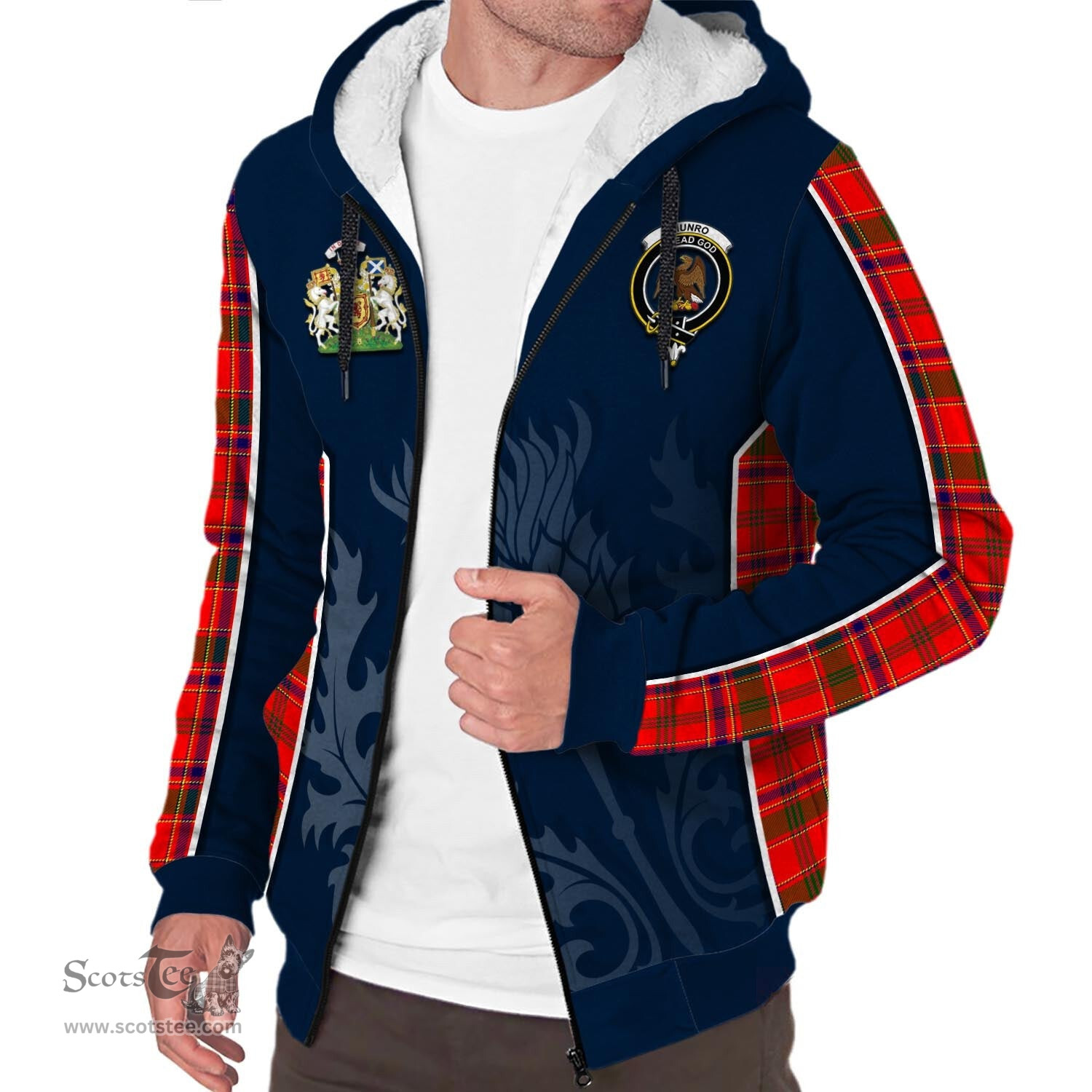 ScotsTee Shop Scottish Munro Modern Clan Scottish Crest and Scottish Thistle Sport Tartan Sherpa Hoodie