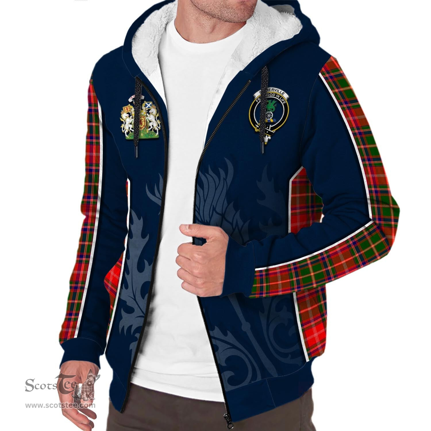 ScotsTee Shop Scottish Somerville Modern Clan Scottish Crest and Scottish Thistle Sport Tartan Sherpa Hoodie