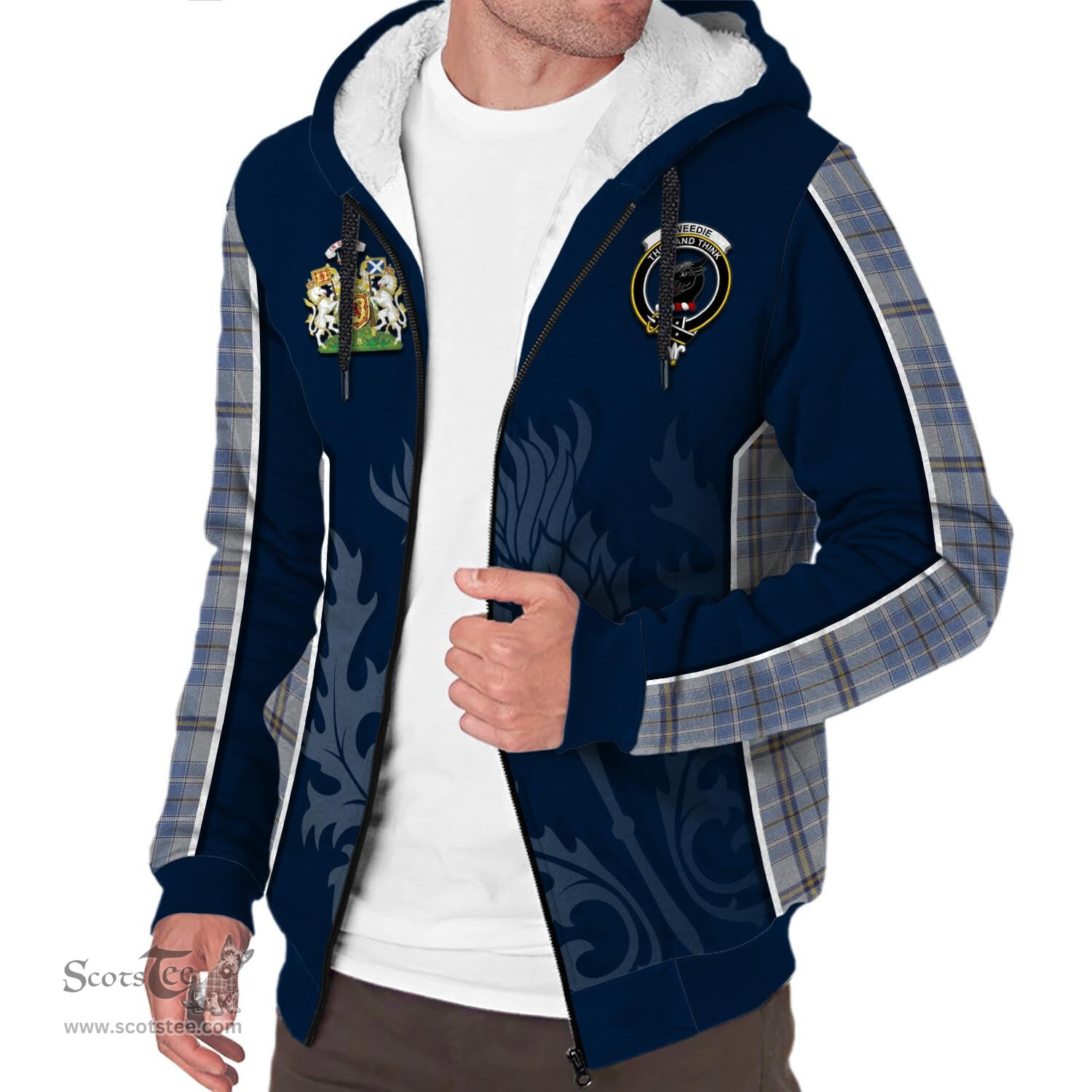 ScotsTee Shop Scottish Tweedie Clan Scottish Crest and Scottish Thistle Sport Tartan Sherpa Hoodie