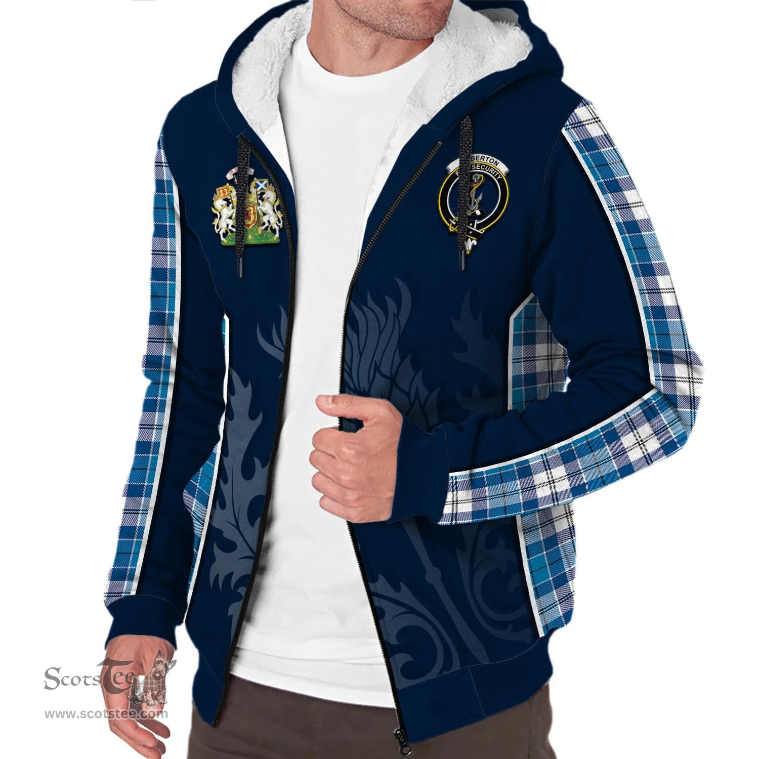 ScotsTee Shop Scottish Roberton Clan Scottish Crest and Scottish Thistle Sport Tartan Sherpa Hoodie