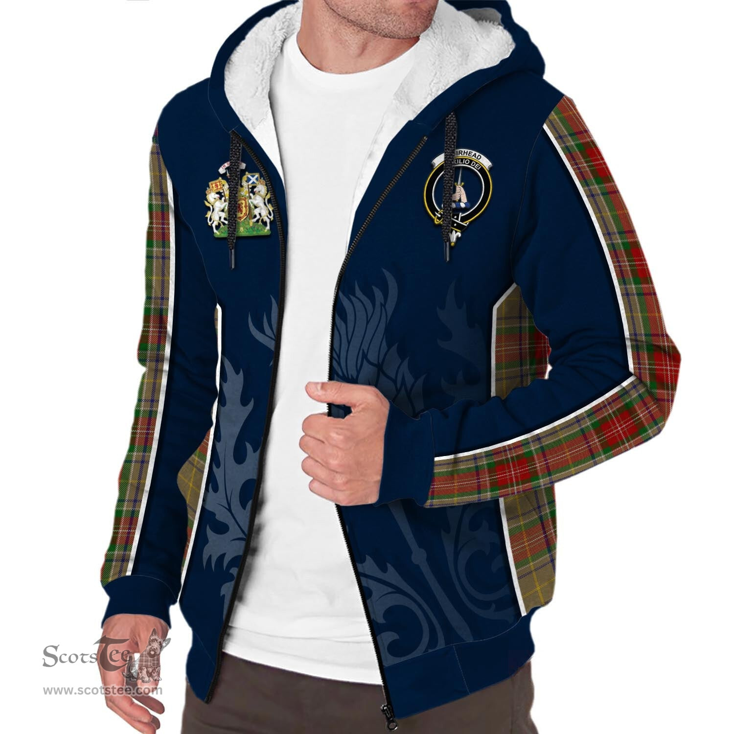 ScotsTee Shop Scottish Muirhead Old Clan Scottish Crest and Scottish Thistle Sport Tartan Sherpa Hoodie