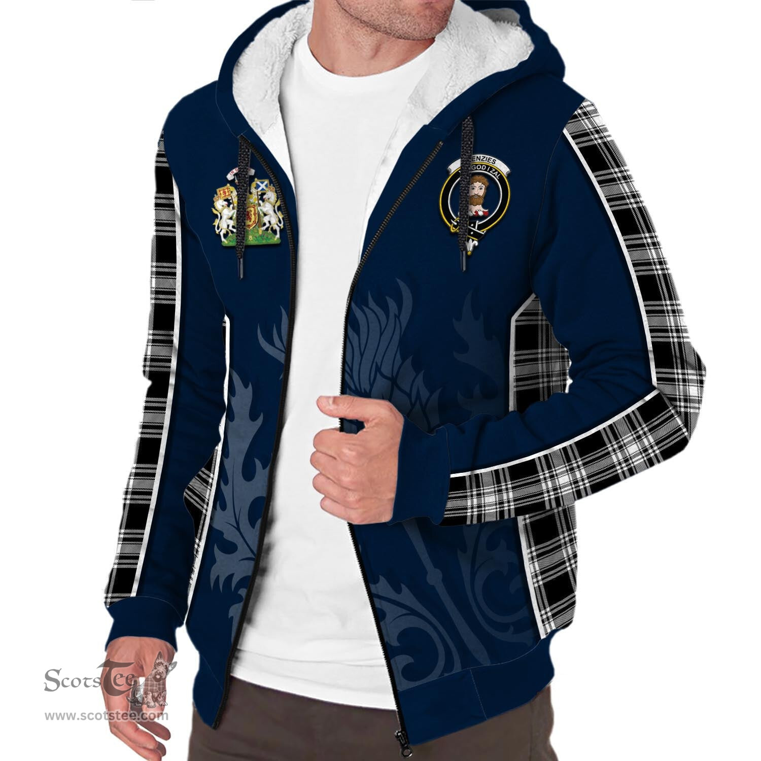 ScotsTee Shop Scottish Menzies Black and White Clan Scottish Crest and Scottish Thistle Sport Tartan Sherpa Hoodie
