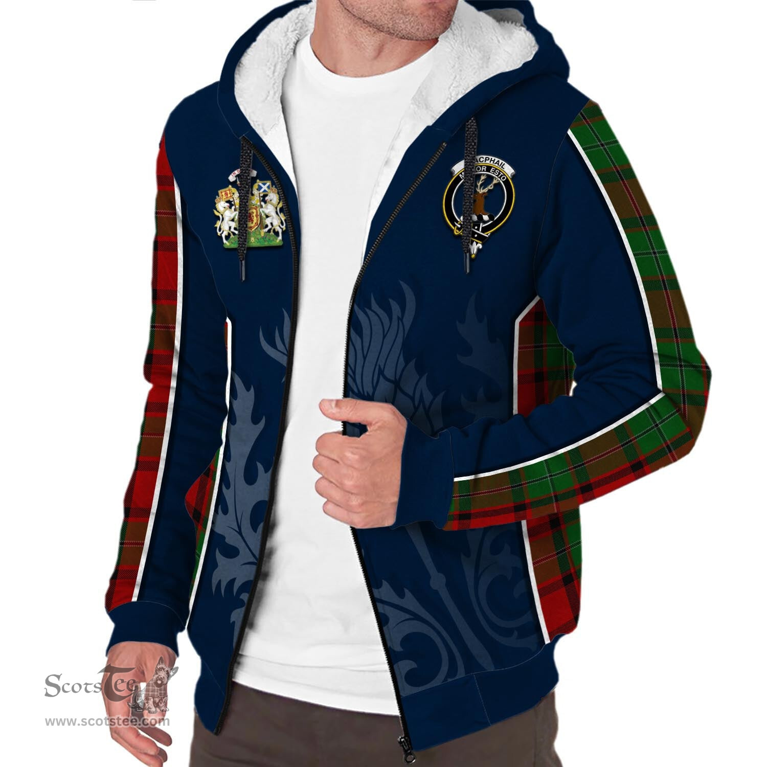 ScotsTee Shop Scottish MacPhail Clan Scottish Crest and Scottish Thistle Sport Tartan Sherpa Hoodie