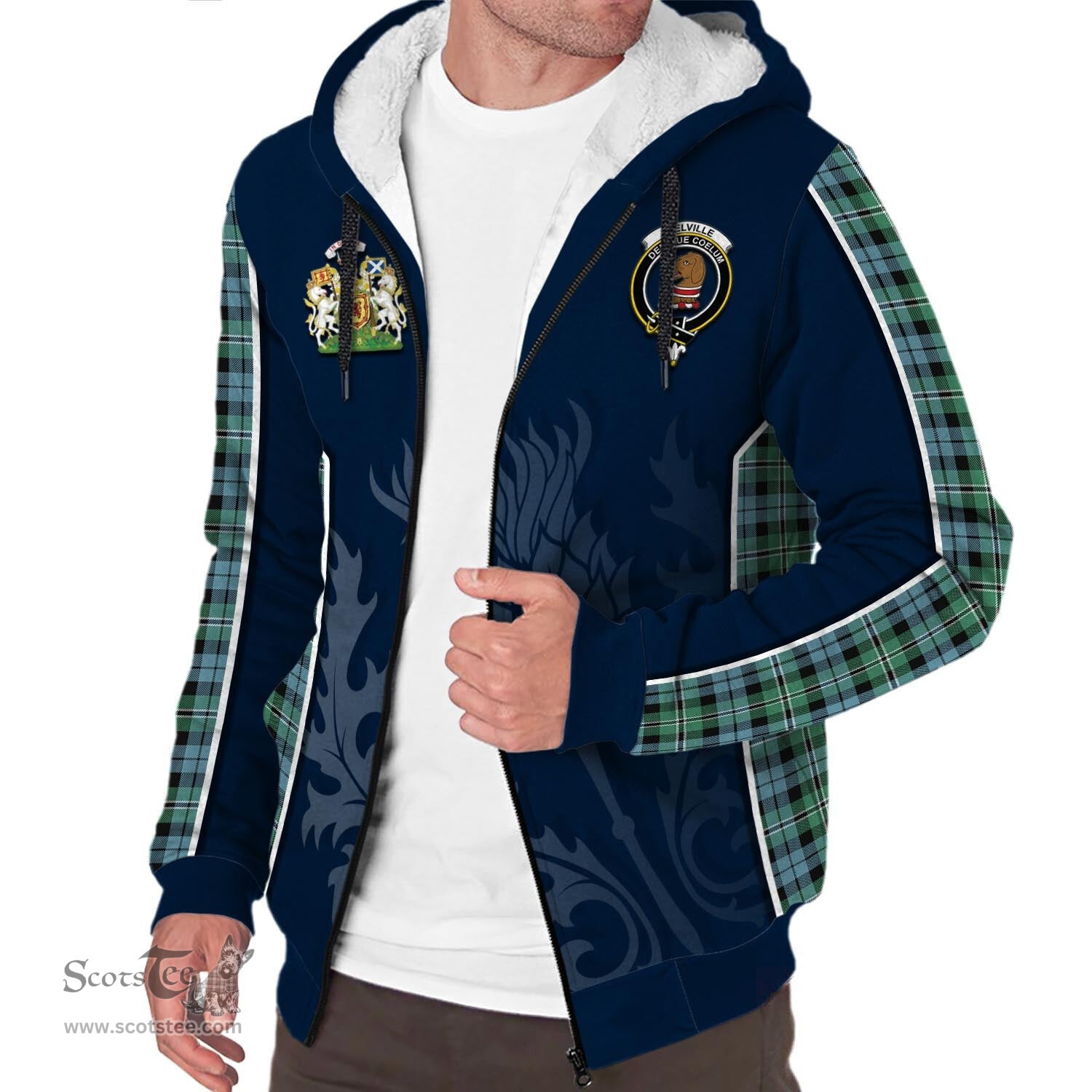 ScotsTee Shop Scottish Melville Ancient Clan Scottish Crest and Scottish Thistle Sport Tartan Sherpa Hoodie