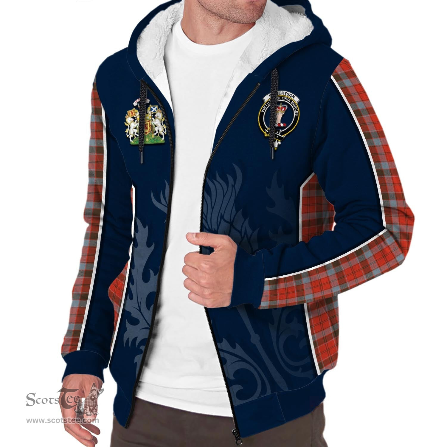 ScotsTee Shop Scottish Robertson Weathered Clan Scottish Crest and Scottish Thistle Sport Tartan Sherpa Hoodie