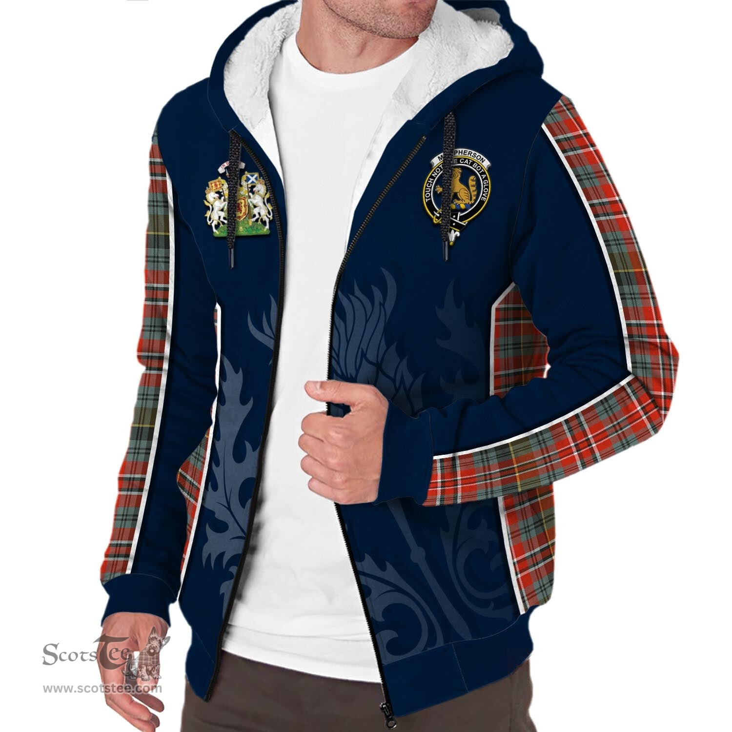 ScotsTee Shop Scottish MacPherson Weathered Clan Scottish Crest and Scottish Thistle Sport Tartan Sherpa Hoodie