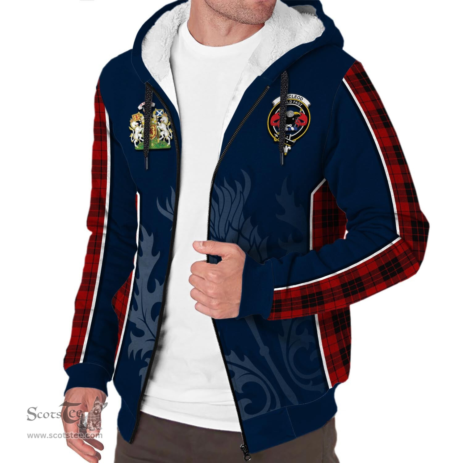 ScotsTee Shop Scottish MacLeod of Raasay Highland Clan Scottish Crest and Scottish Thistle Sport Tartan Sherpa Hoodie