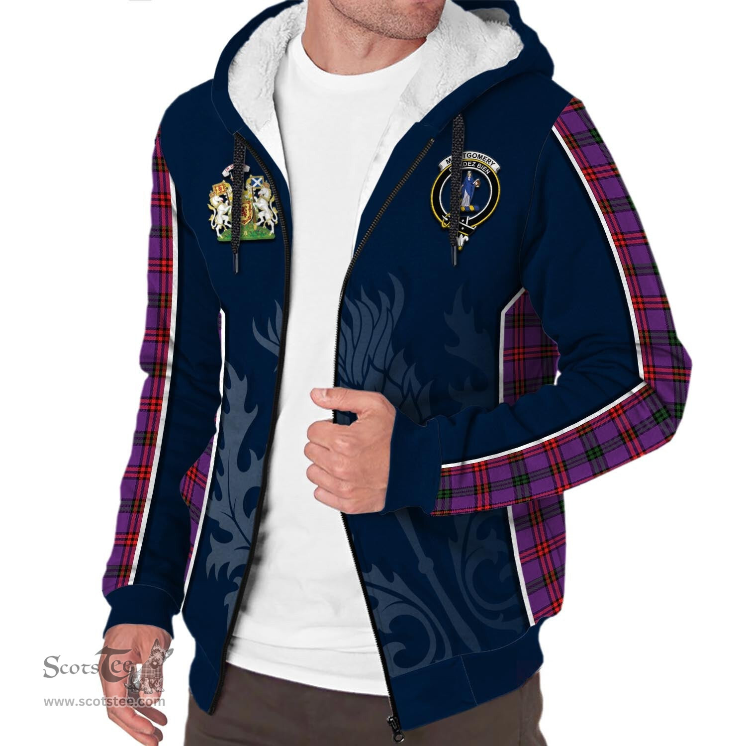ScotsTee Shop Scottish Montgomery Modern Clan Scottish Crest and Scottish Thistle Sport Tartan Sherpa Hoodie