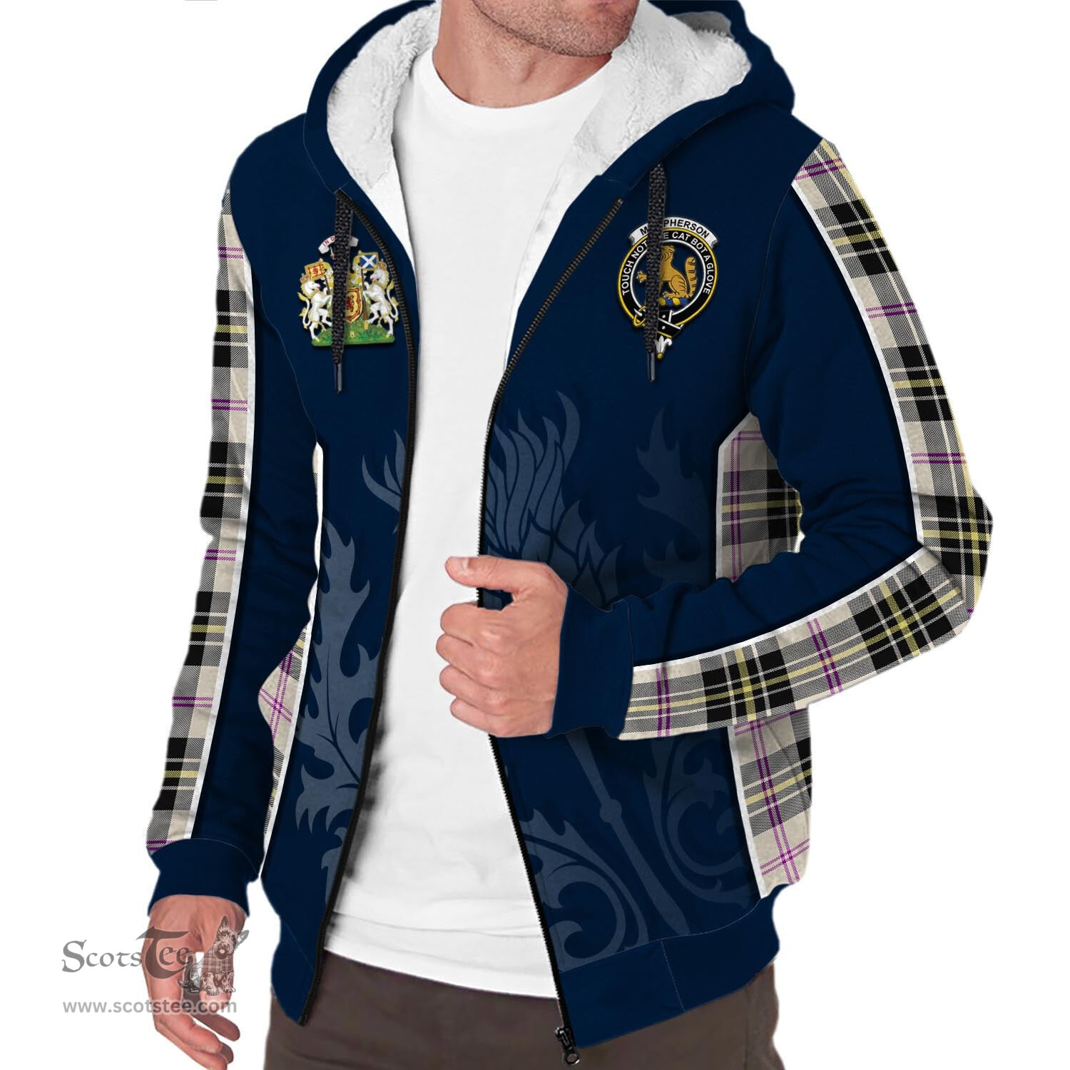 ScotsTee Shop Scottish MacPherson Dress Ancient Clan Scottish Crest and Scottish Thistle Sport Tartan Sherpa Hoodie