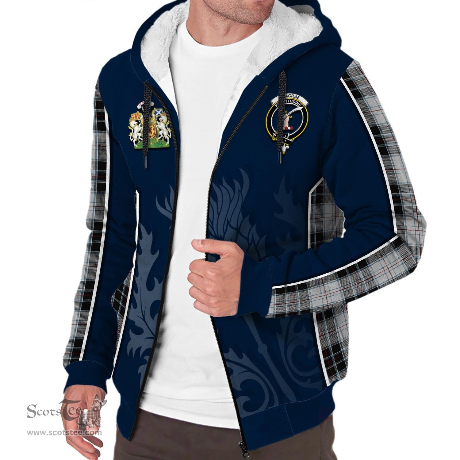 ScotsTee Shop Scottish MacRae Dress Clan Scottish Crest and Scottish Thistle Sport Tartan Sherpa Hoodie