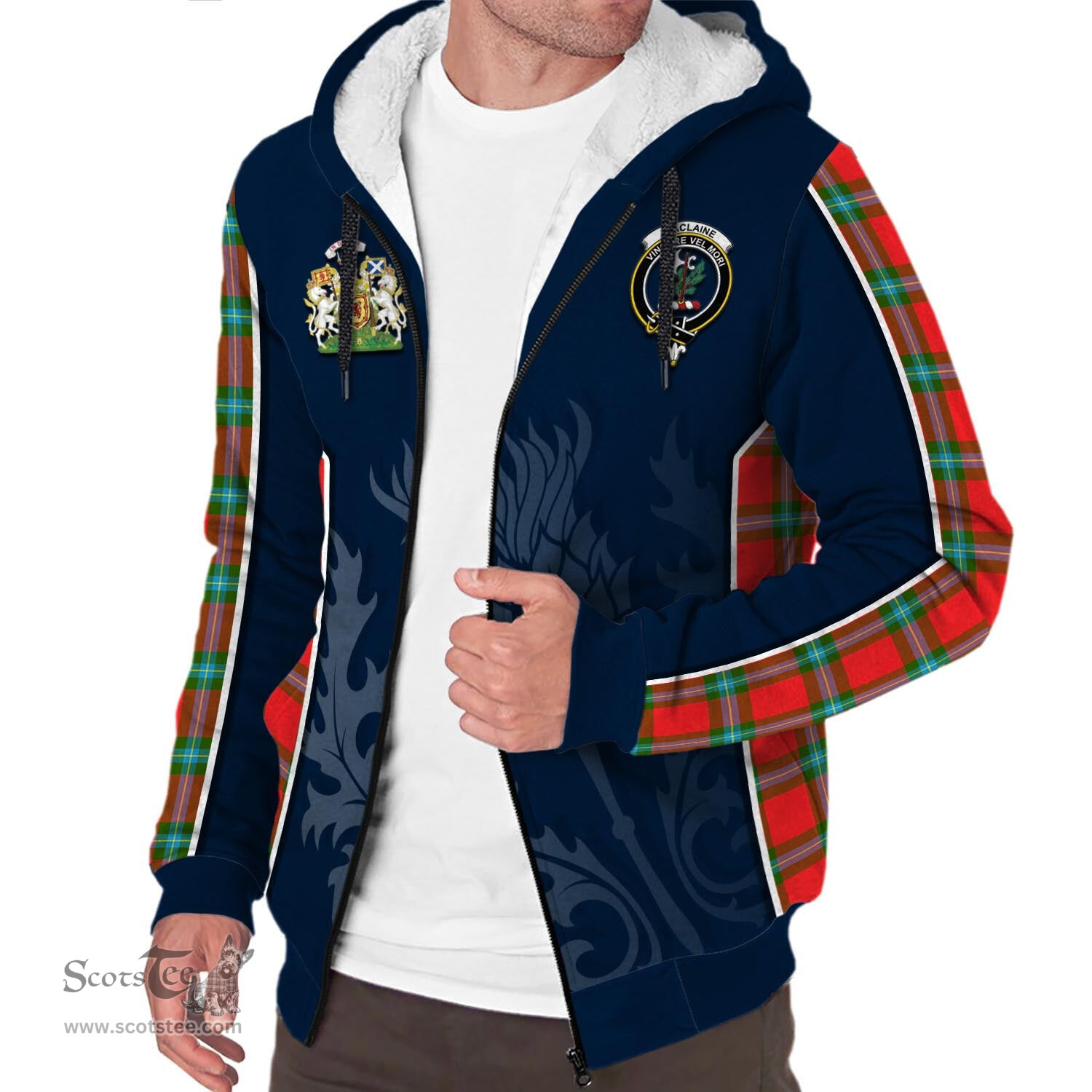 ScotsTee Shop Scottish MacLaine of Loch Buie Clan Scottish Crest and Scottish Thistle Sport Tartan Sherpa Hoodie