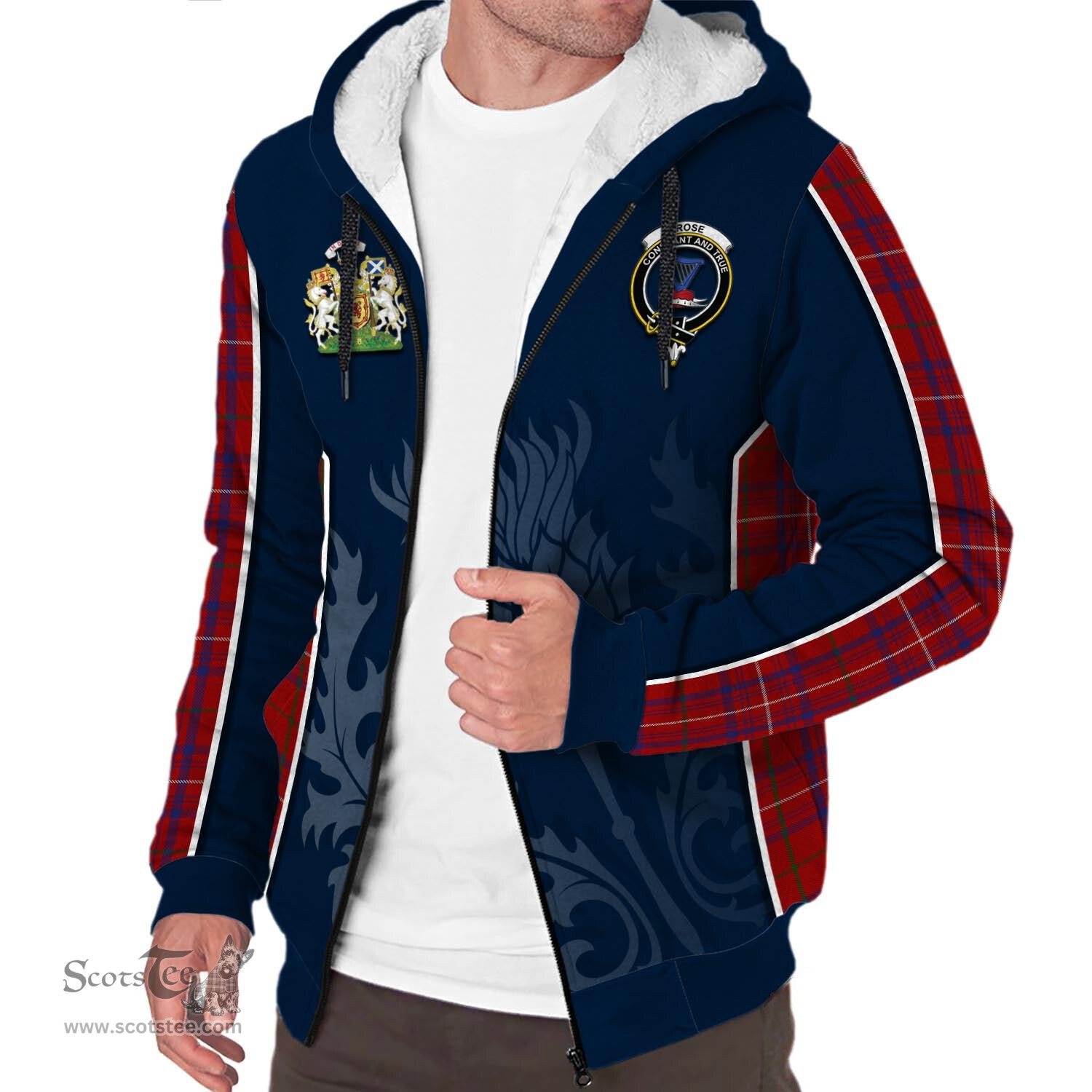ScotsTee Shop Scottish Rose Clan Scottish Crest and Scottish Thistle Sport Tartan Sherpa Hoodie