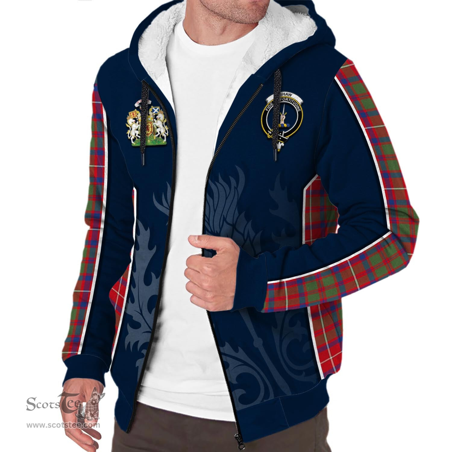 ScotsTee Shop Scottish Shaw Red Modern Clan Scottish Crest and Scottish Thistle Sport Tartan Sherpa Hoodie