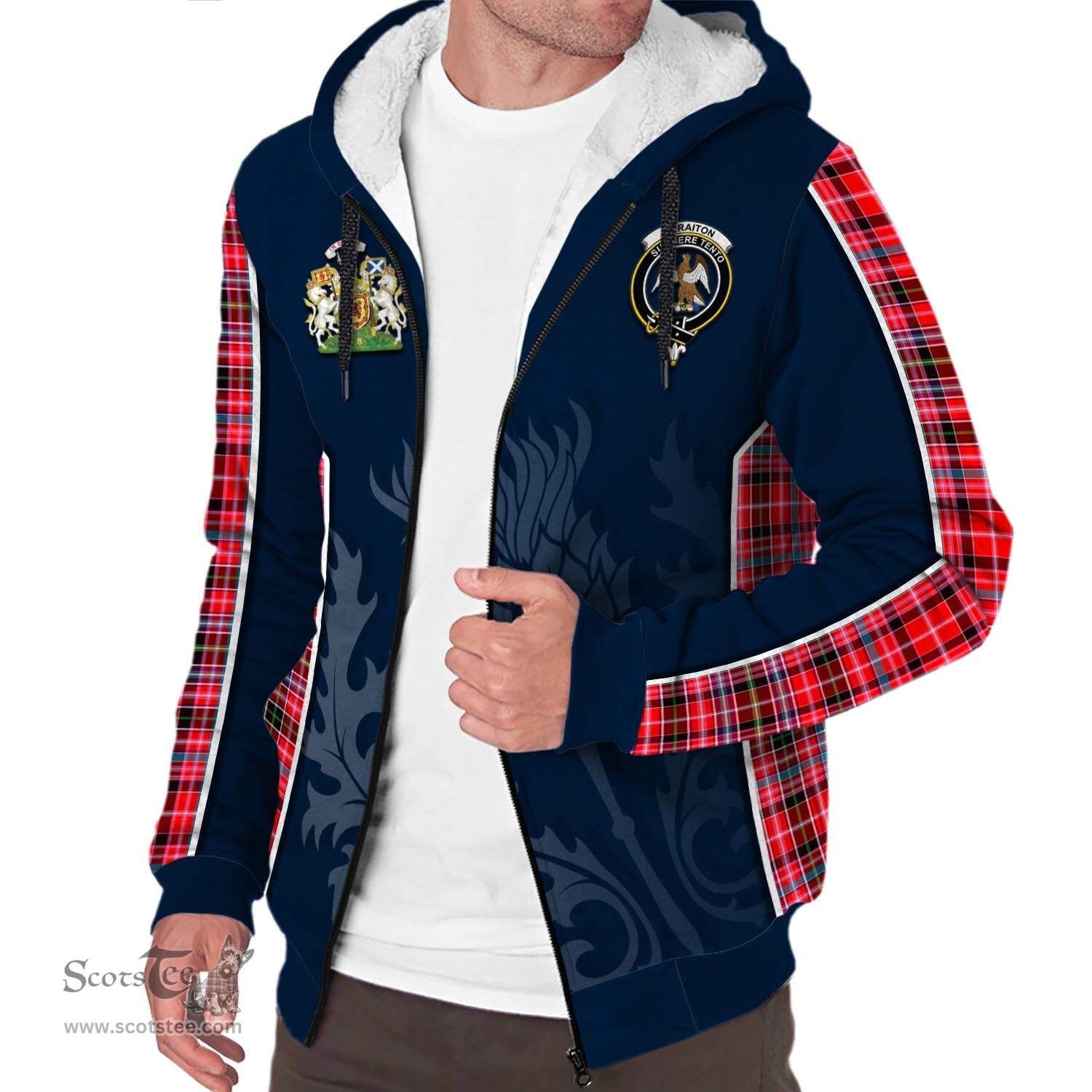 ScotsTee Shop Scottish Straiton Clan Scottish Crest and Scottish Thistle Sport Tartan Sherpa Hoodie