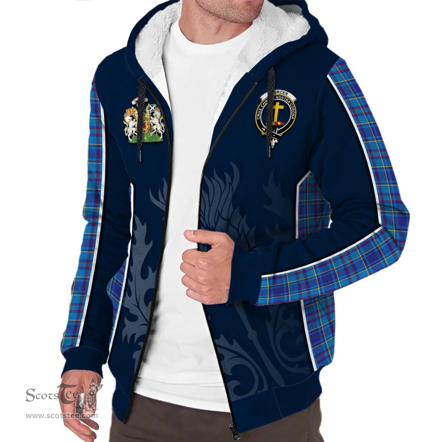 ScotsTee Shop Scottish Mercer Modern Clan Scottish Crest and Scottish Thistle Sport Tartan Sherpa Hoodie