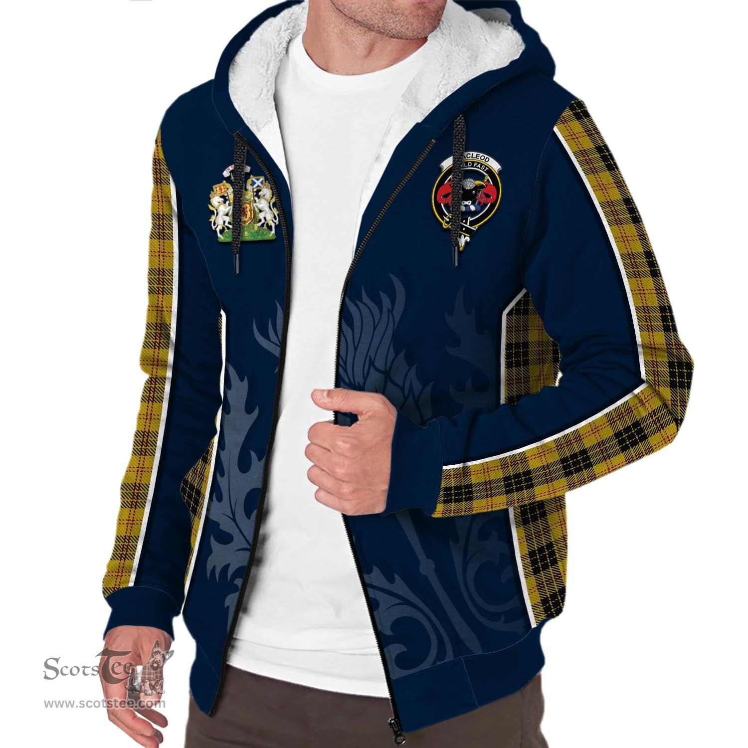 ScotsTee Shop Scottish MacLeod Clan Scottish Crest and Scottish Thistle Sport Tartan Sherpa Hoodie
