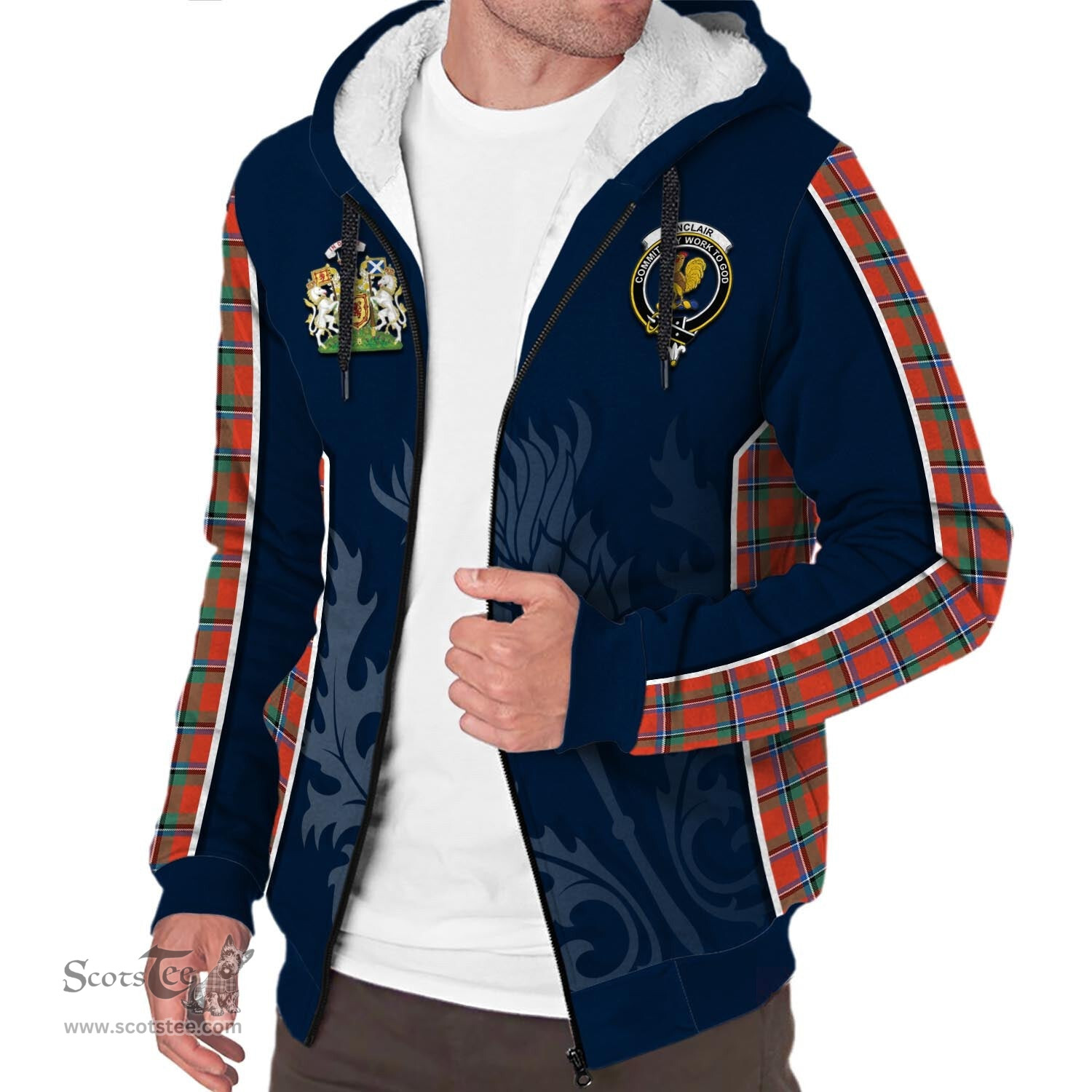 ScotsTee Shop Scottish Sinclair Ancient Clan Scottish Crest and Scottish Thistle Sport Tartan Sherpa Hoodie