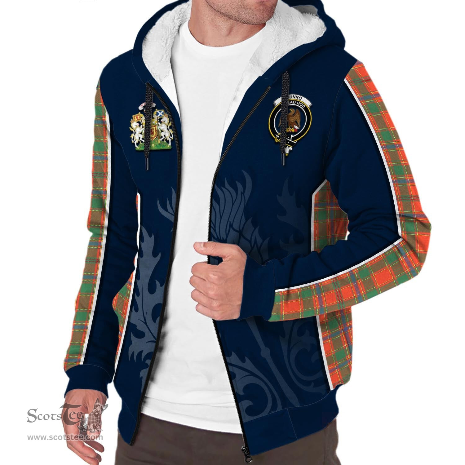 ScotsTee Shop Scottish Munro Ancient Clan Scottish Crest and Scottish Thistle Sport Tartan Sherpa Hoodie