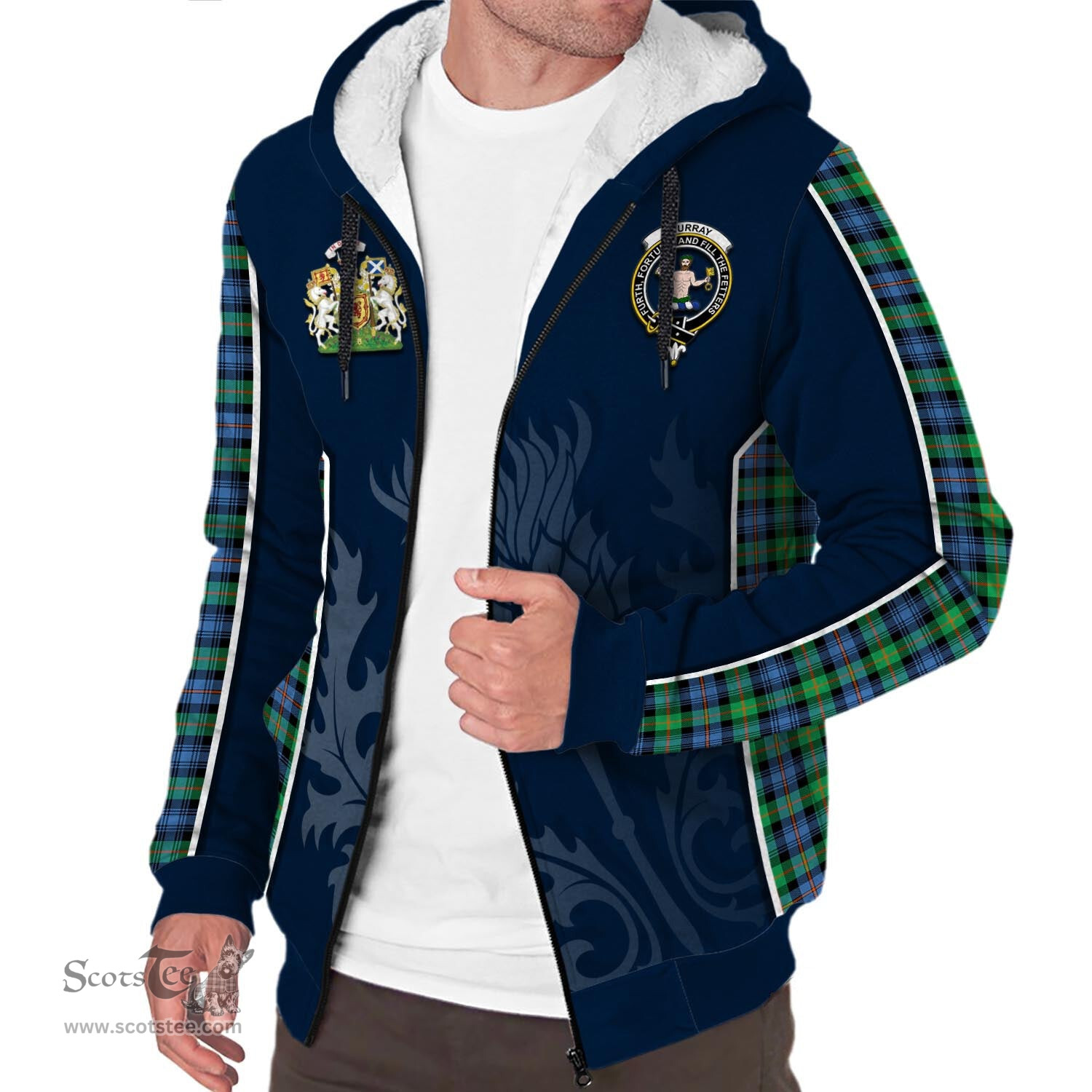 ScotsTee Shop Scottish Murray of Atholl Ancient Clan Scottish Crest and Scottish Thistle Sport Tartan Sherpa Hoodie