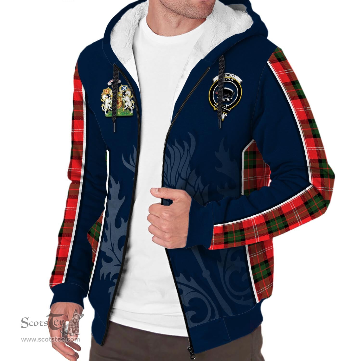 ScotsTee Shop Scottish Nesbitt Modern Clan Scottish Crest and Scottish Thistle Sport Tartan Sherpa Hoodie