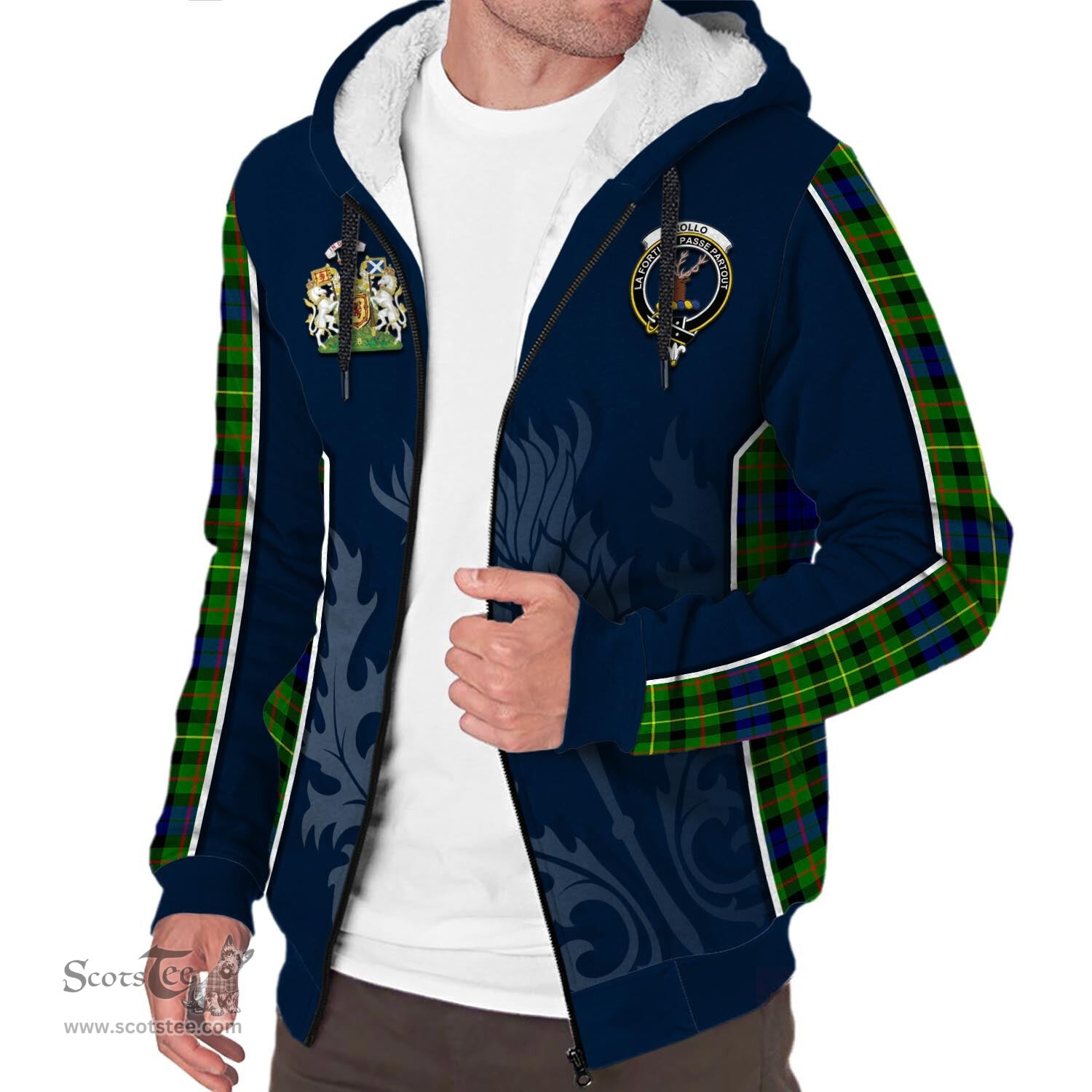 ScotsTee Shop Scottish Rollo Modern Clan Scottish Crest and Scottish Thistle Sport Tartan Sherpa Hoodie
