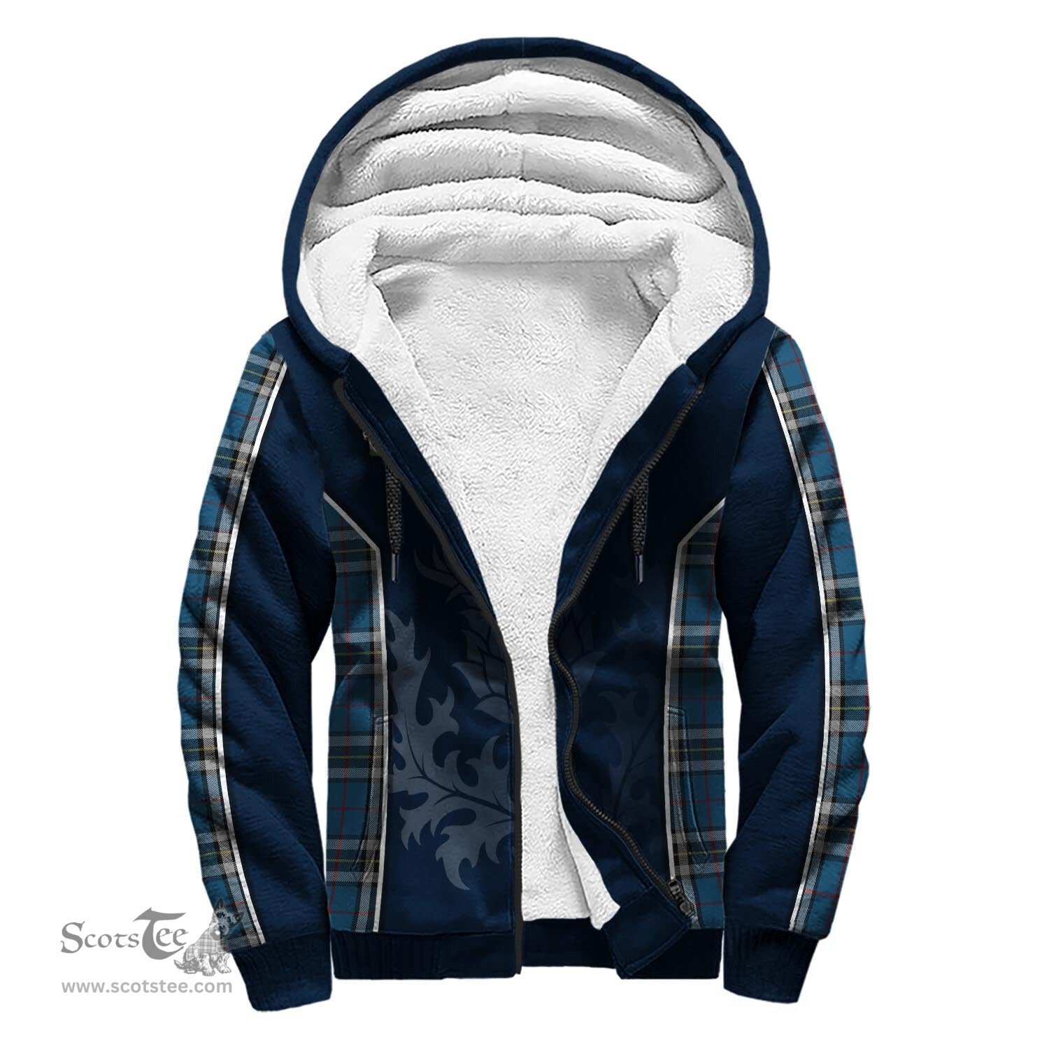 ScotsTee Shop Scottish Thomson Dress Blue Clan Scottish Crest and Scottish Thistle Sport Tartan Sherpa Hoodie