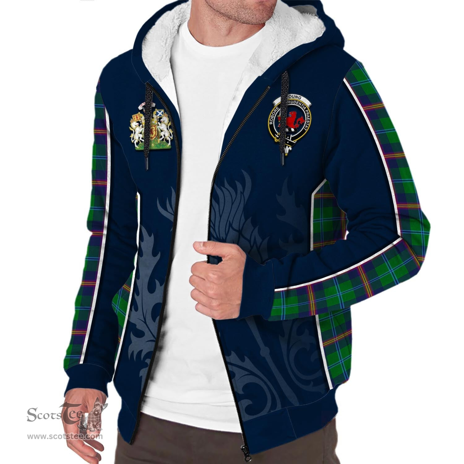 ScotsTee Shop Scottish Young Modern Clan Scottish Crest and Scottish Thistle Sport Tartan Sherpa Hoodie
