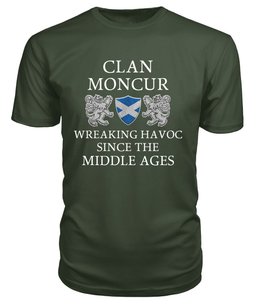 ScotsTee Shop Scottish Moncur Wreaking Havoc Since The Middle Ages With Two Rampant Lions T Shirt