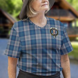ScotsTee Shop Scottish Menzies Dress Blue and White Clan Crest Tartan T Shirt for Family Tartan Matching Family T Shirts