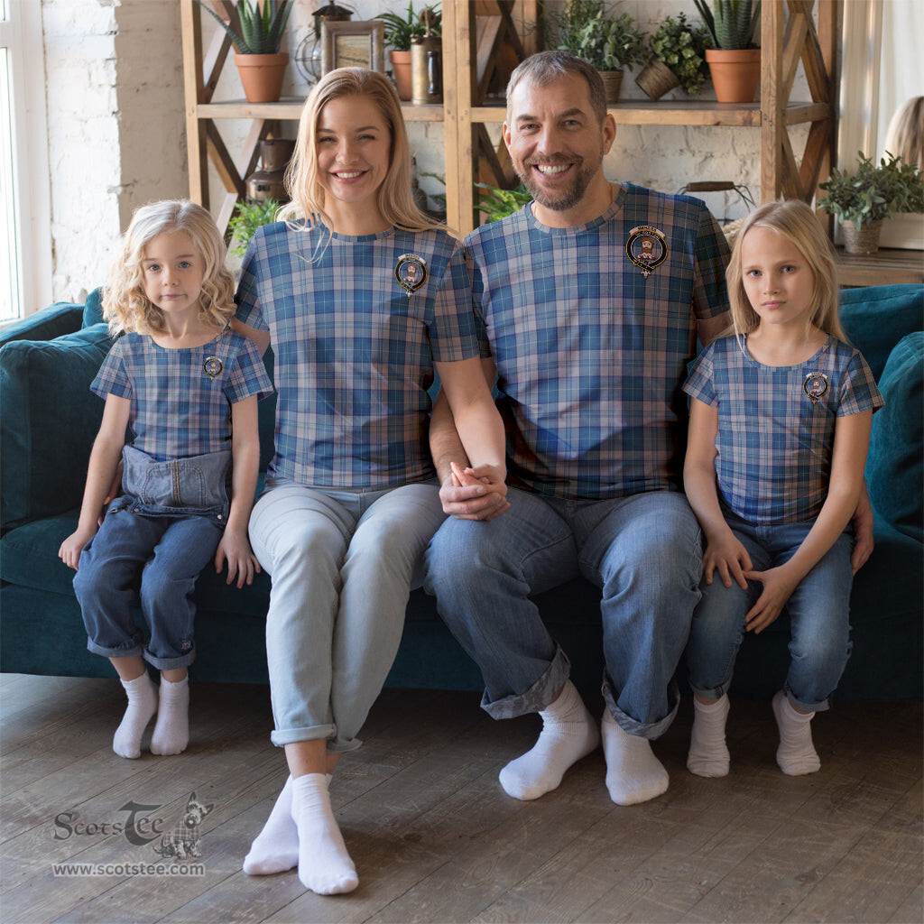 ScotsTee Shop Scottish Menzies Dress Blue and White Clan Crest Tartan T Shirt for Family Tartan Matching Family T Shirts