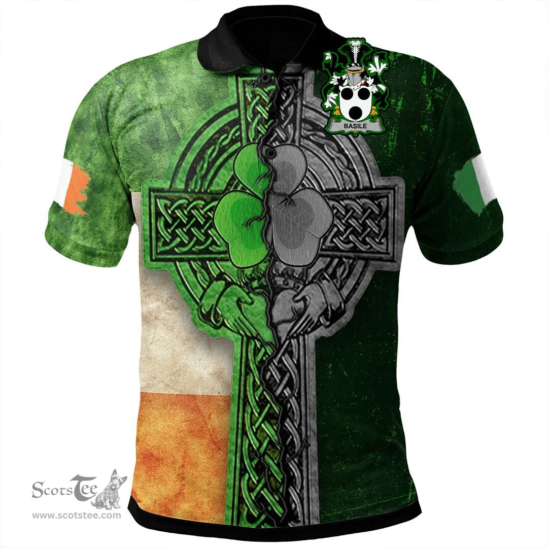 ScotsTee Shop Irish Basile Coat of Arms Irish Polo Shirt Irish Claddagh Cross Polo Shirt