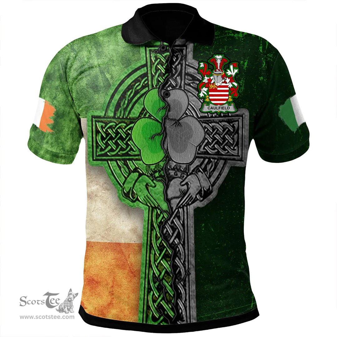 ScotsTee Shop Irish Caulfield or Gaffney Coat of Arms Irish Polo Shirt Irish Claddagh Cross Polo Shirt