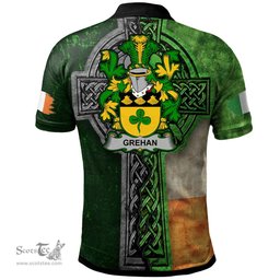 ScotsTee Shop Irish Grehan or O'Greaghan Coat of Arms Irish Polo Shirt Irish Claddagh Cross Polo Shirt