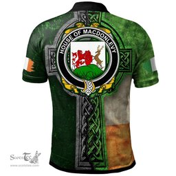 ScotsTee Shop Irish House of MACDONLEVY Coat of Arms Irish Polo Shirt Irish Claddagh Cross Polo Shirt