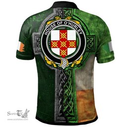 ScotsTee Shop Irish House of O'HURLEY Coat of Arms Irish Polo Shirt Irish Claddagh Cross Polo Shirt