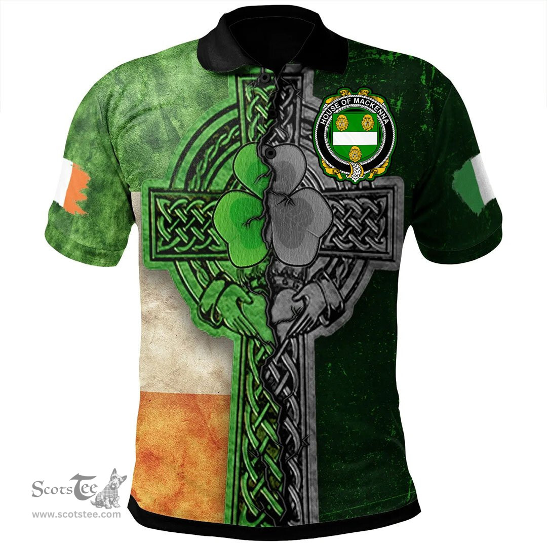 ScotsTee Shop Irish House of MACKENNA Coat of Arms Irish Polo Shirt Irish Claddagh Cross Polo Shirt