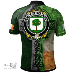 ScotsTee Shop Irish House of O'FLANAGAN Coat of Arms Irish Polo Shirt Irish Claddagh Cross Polo Shirt