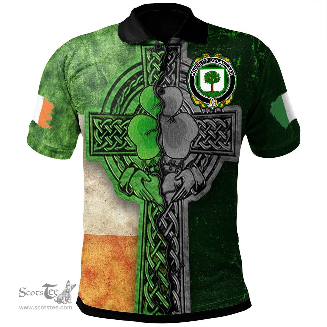 ScotsTee Shop Irish House of O'FLANAGAN Coat of Arms Irish Polo Shirt Irish Claddagh Cross Polo Shirt