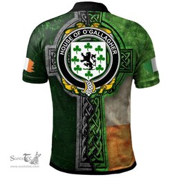 ScotsTee Shop Irish House of O'GALLAGHER Coat of Arms Irish Polo Shirt Irish Claddagh Cross Polo Shirt