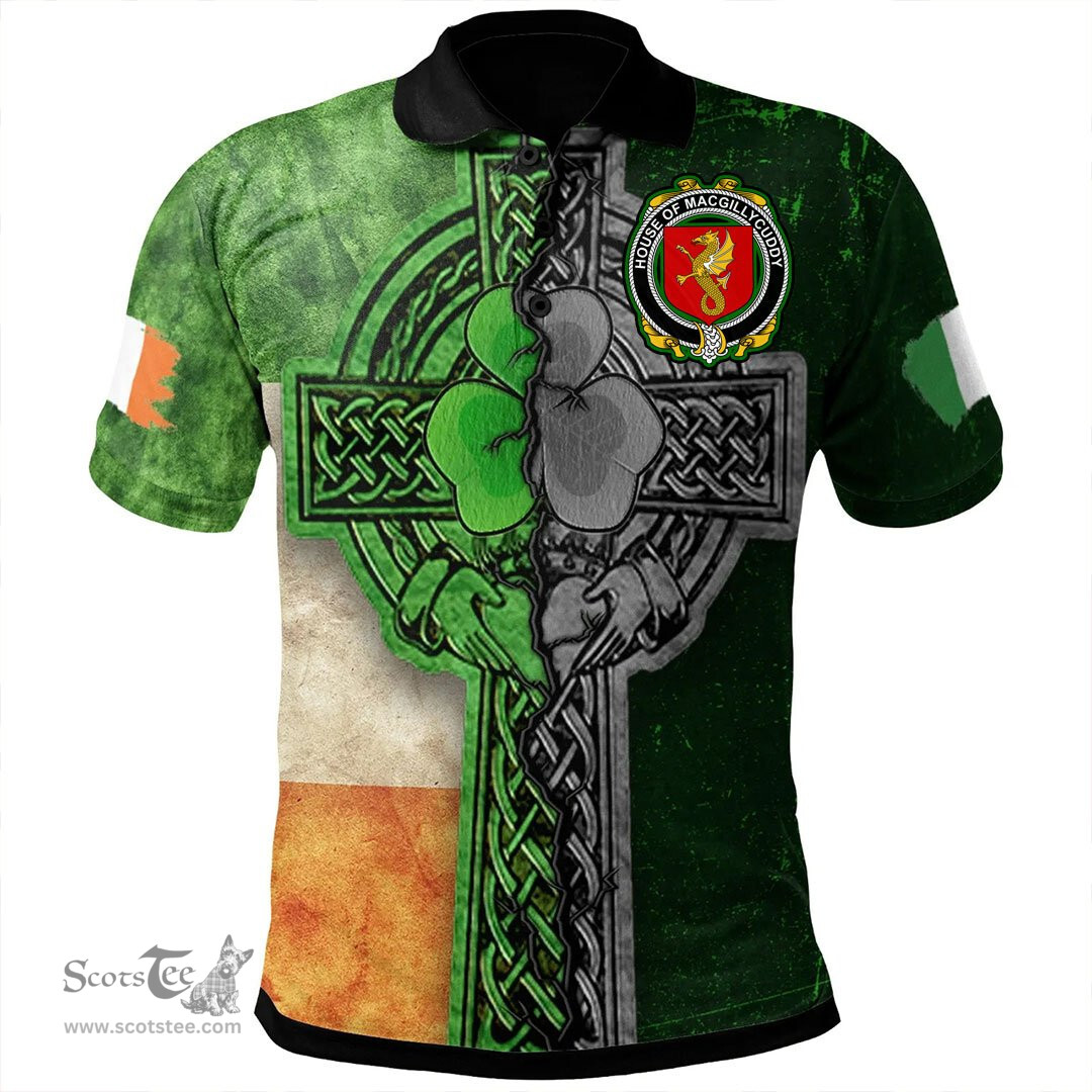 ScotsTee Shop Irish House of MACGILLYCUDDY Coat of Arms Irish Polo Shirt Irish Claddagh Cross Polo Shirt