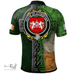ScotsTee Shop Irish House of O'FINNEGAN Coat of Arms Irish Polo Shirt Irish Claddagh Cross Polo Shirt