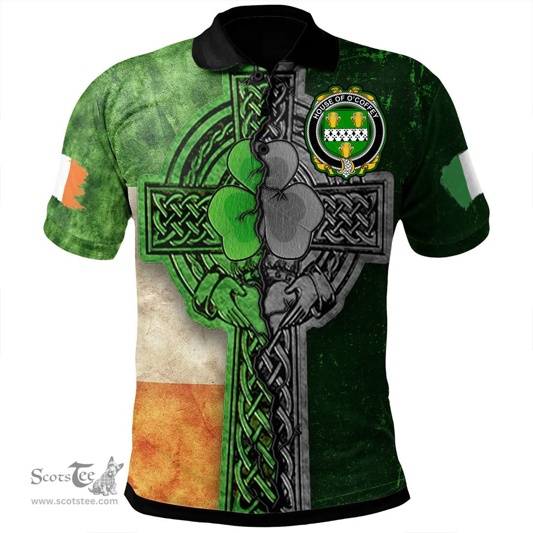 ScotsTee Shop Irish House of O'COFFEY Coat of Arms Irish Polo Shirt Irish Claddagh Cross Polo Shirt