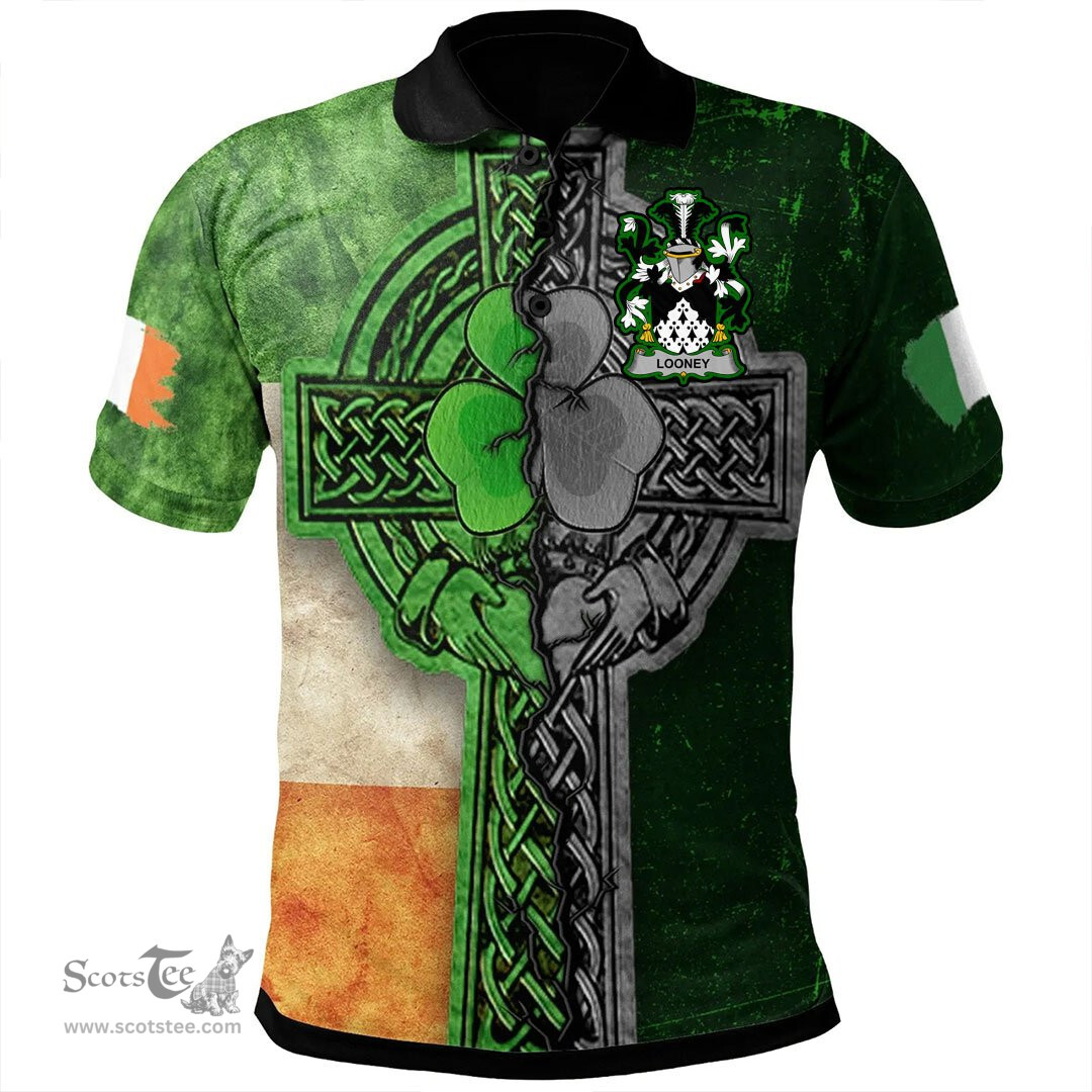 ScotsTee Shop Irish Looney or O'Lunney Coat of Arms Irish Polo Shirt Irish Claddagh Cross Polo Shirt