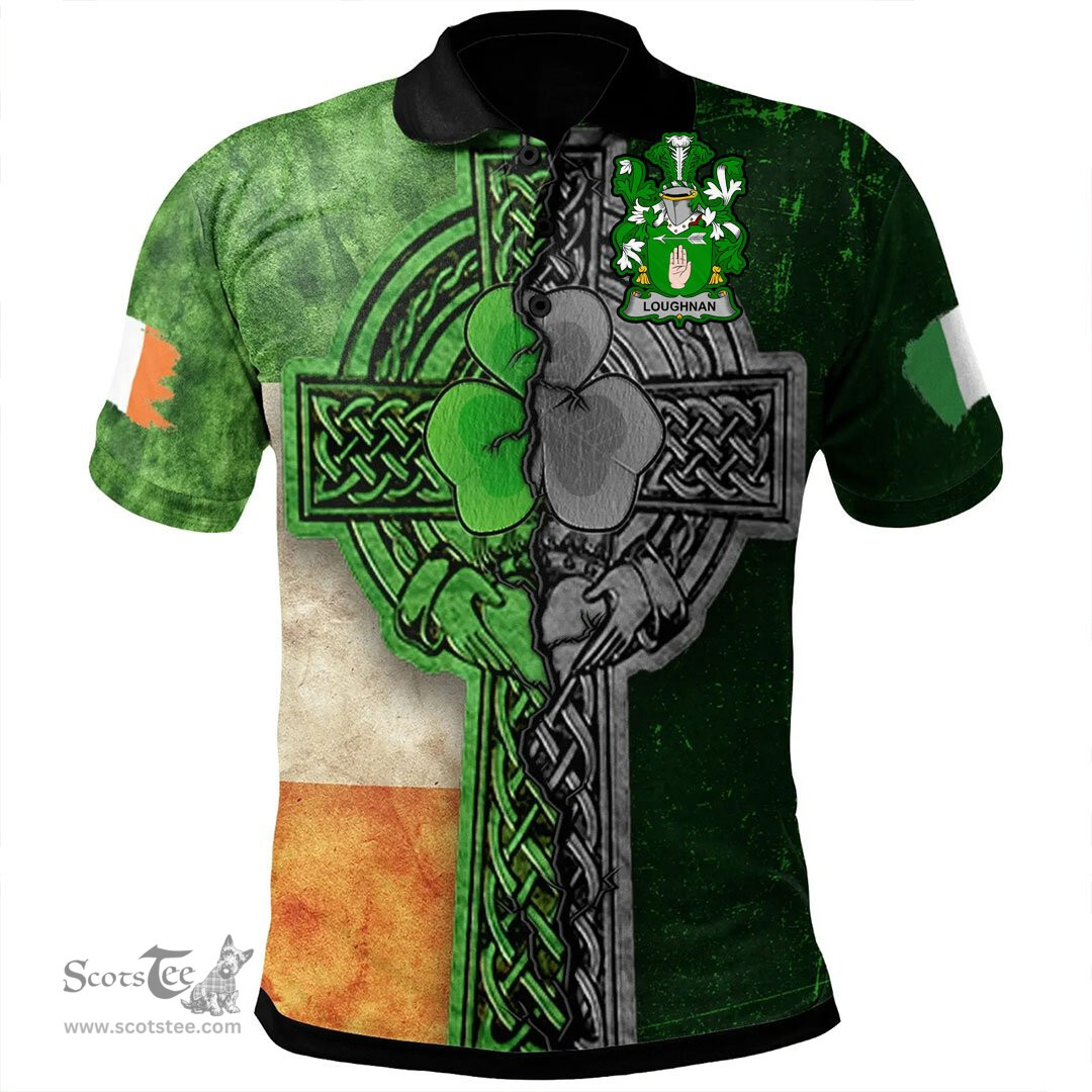 ScotsTee Shop Irish Loughnan or O'Loughnan Coat of Arms Irish Polo Shirt Irish Claddagh Cross Polo Shirt