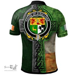 ScotsTee Shop Irish House of O'SULLIVAN Coat of Arms Irish Polo Shirt Irish Claddagh Cross Polo Shirt