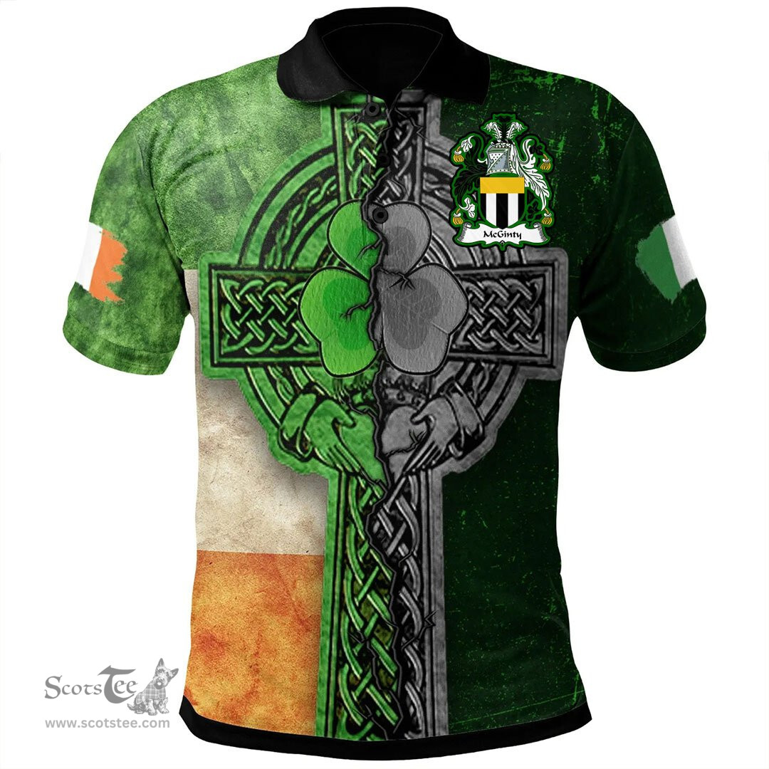 ScotsTee Shop Irish McGinty Coat of Arms Irish Polo Shirt Irish Claddagh Cross Polo Shirt