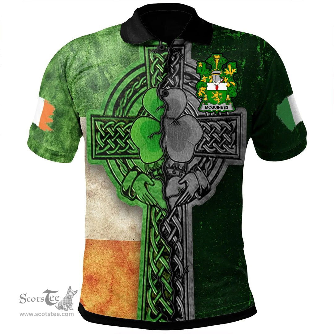 ScotsTee Shop Irish McGuiness or McGenis Coat of Arms Irish Polo Shirt Irish Claddagh Cross Polo Shirt