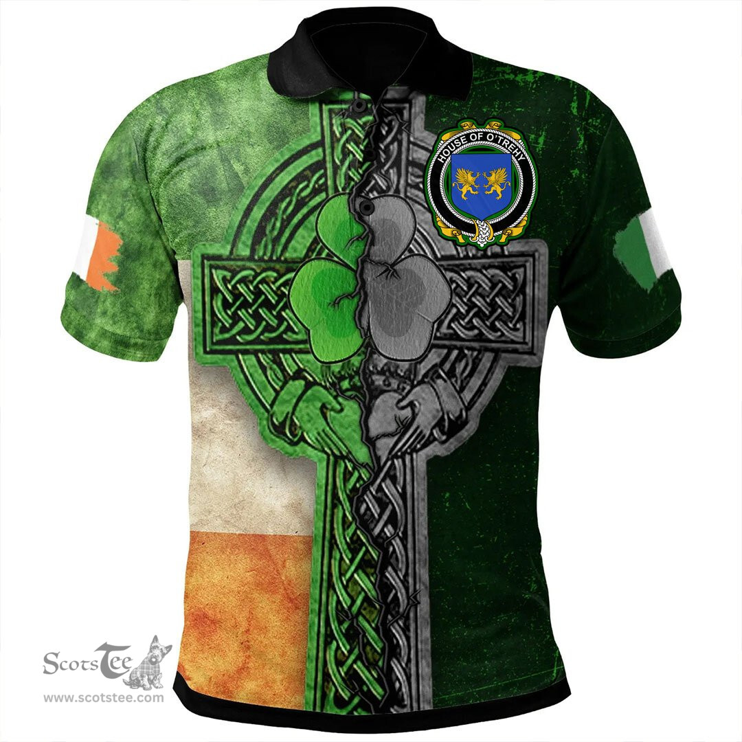 ScotsTee Shop Irish House of O'TREHY (Troy) Coat of Arms Irish Polo Shirt Irish Claddagh Cross Polo Shirt