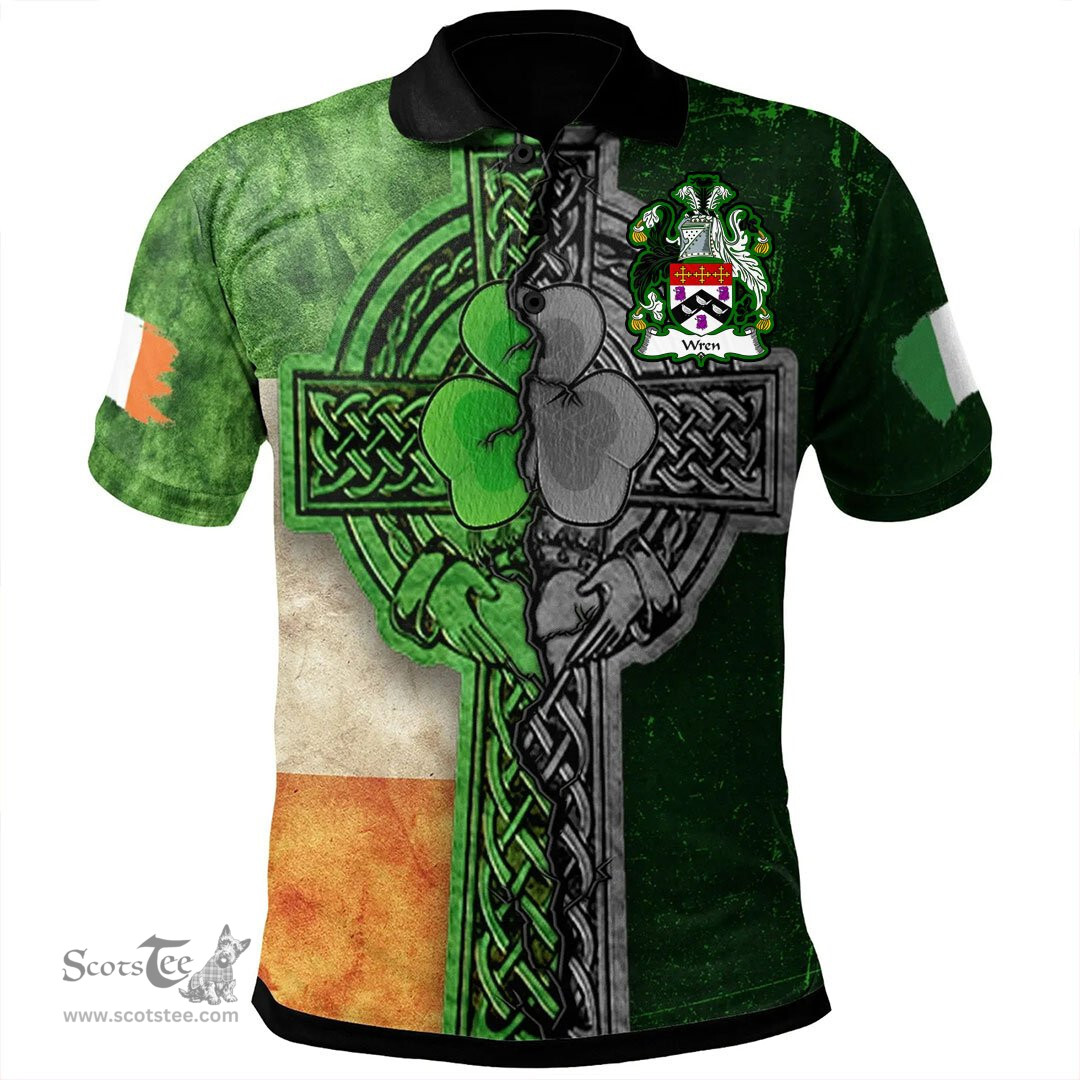 ScotsTee Shop Irish Wren or Wrenn Coat of Arms Irish Polo Shirt Irish Claddagh Cross Polo Shirt
